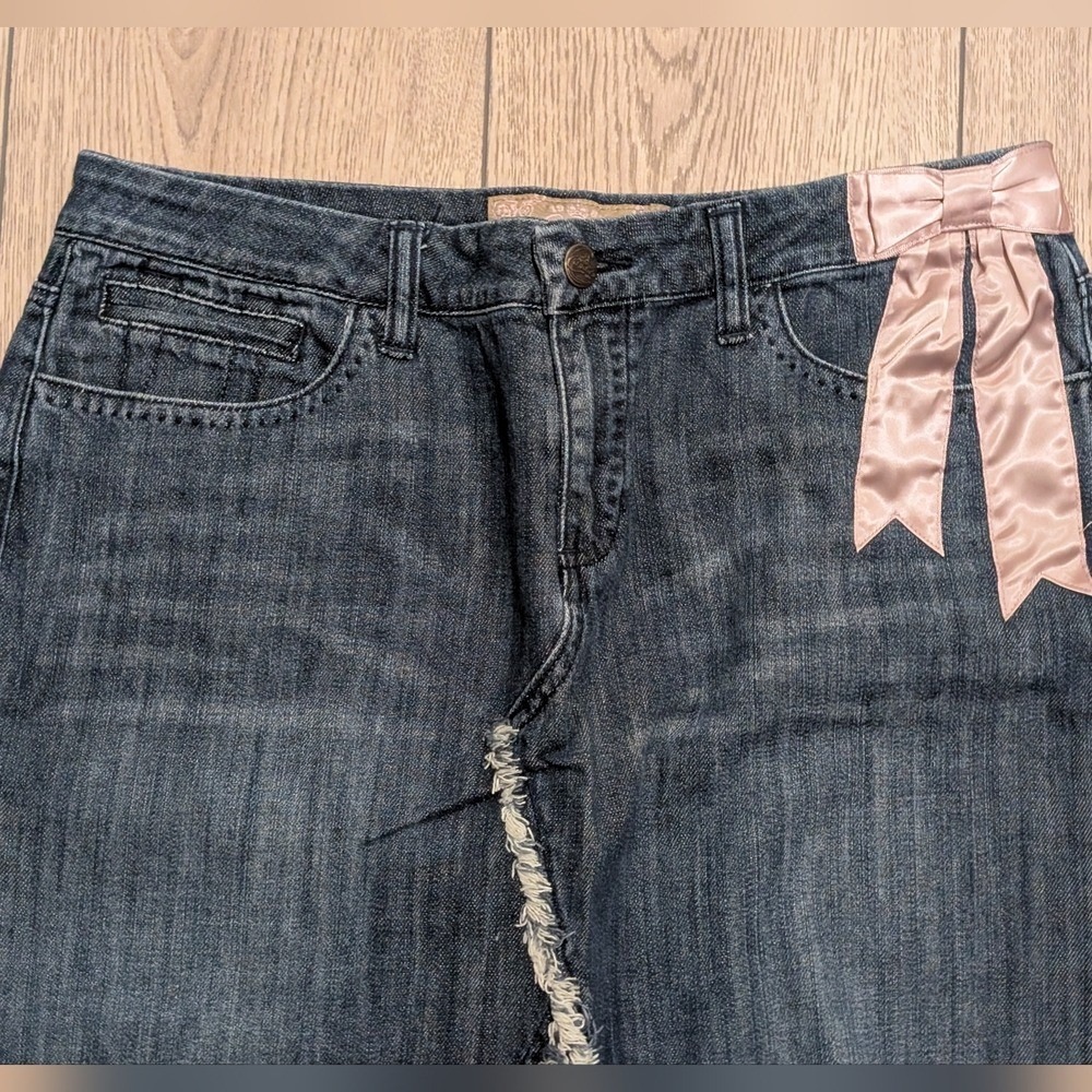 Candies Vintage Asymmetrical Denim Skirt 9 Pink Satin Bow Mermaid Jean Fray Y2K - Picture 2 of 5